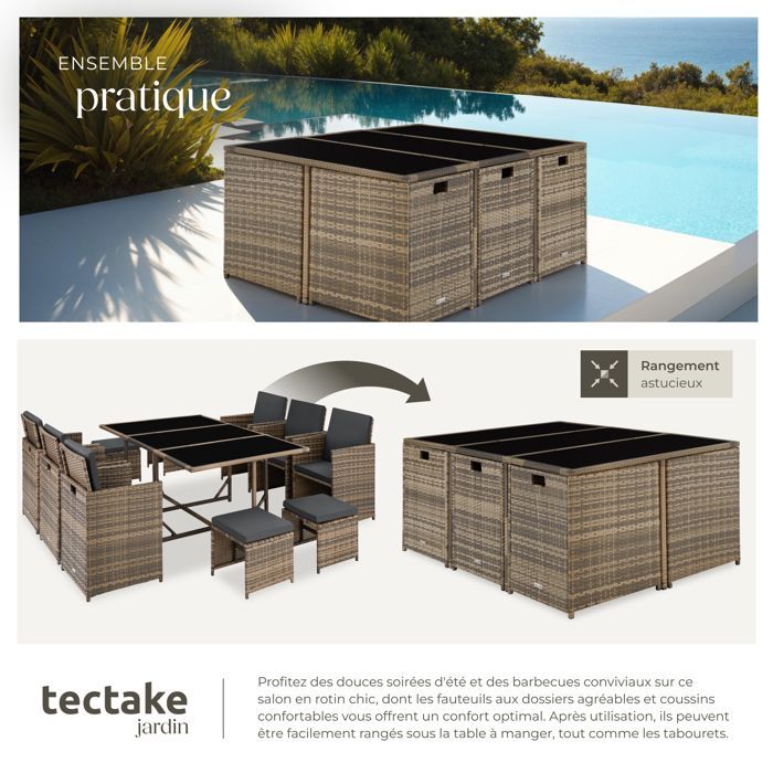 Conjunto de jardín - TECTAKE - Conjunto de salón de jardín MALAGA de 10 plazas con funda, apilable, fabricado en polietileno - Marrón natural