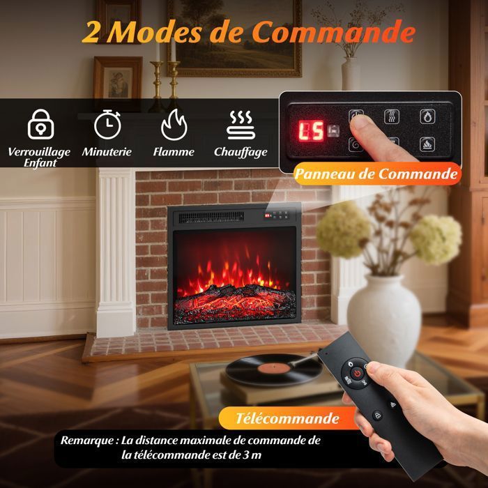 Cheminée Électrique Encastrable avec Chauffage - RELAX4LIFE - 750W/1500W - 37㎡ - 5 Luminosités - 5 Vitesses - Verrouillage Enfant