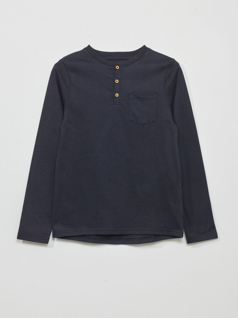 Camiseta de manga comprida com gola Henley - azul