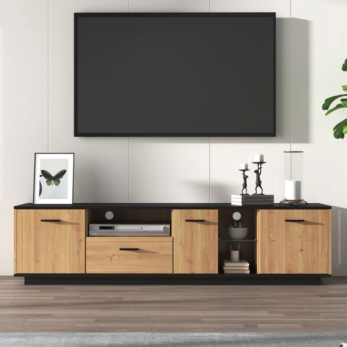Suporte para TV LED de estilo moderno com uma gaveta, três portas, duas divisórias, 180 x 40 x 45 cm, preto.