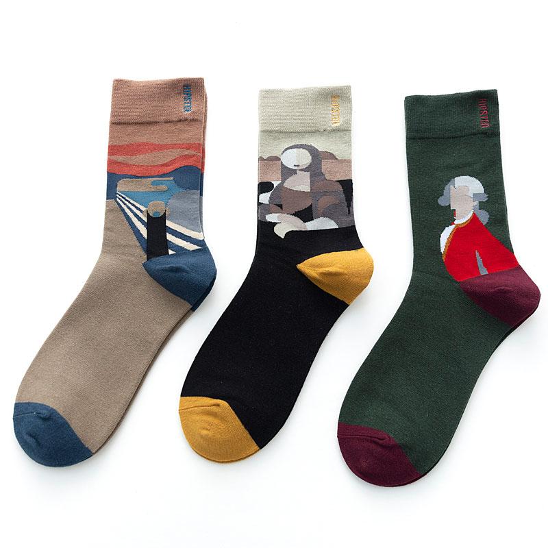 3 pares/paquete Calcetines unisex para mujer estilo pintura al óleo 100% algodón Harajuku Calcetines coloridos y divertidos para mujer Ropa urbana estándar Talla 35 43