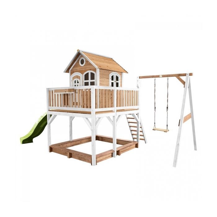 AXI Liam Children's Playhouse with Sandpit, Swing & Slide, Light Green | Outdoor Play Area in Brown & White