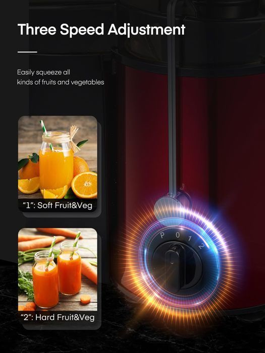 Spremiagrumi centrifugo da 400 W con 3 velocità, per frutta e verdura, con beccuccio antigoccia e ampia apertura di alimentazione.