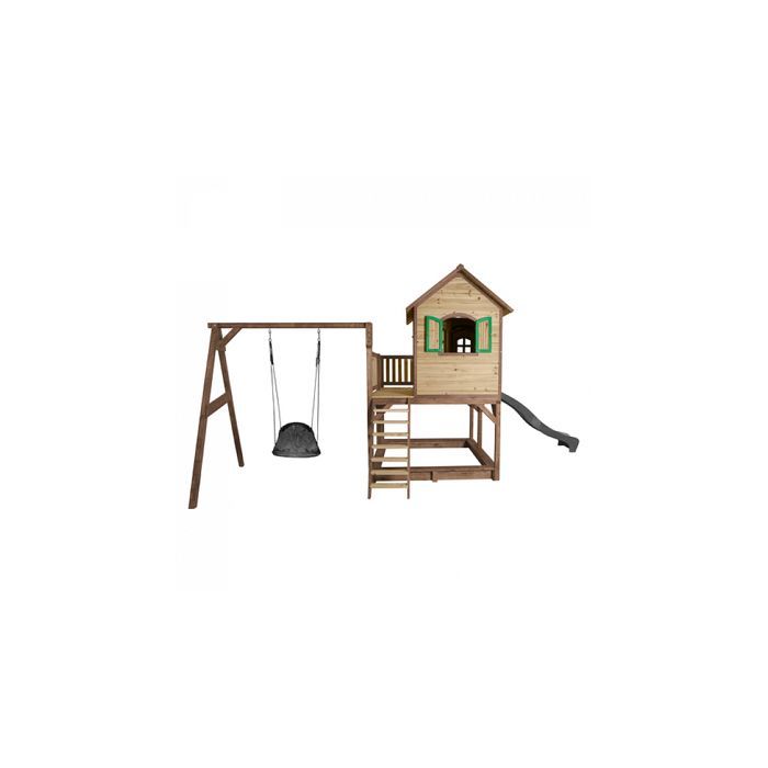 AXI Liam Maison Enfant avec Bac à Sable, Balançoire nid d'oiseau noir & Toboggan Gris | Aire de Jeux pour l'extérieur en marron