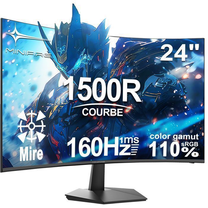 Minifire 24-inch Curved Gaming Monitor - 160Hz - FHD 1920x1080, 16:9 VA Panel 1500R, 1ms, 110% sRGB, HDMI 2.0 / DP 1.4