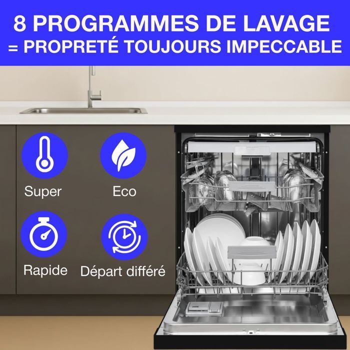 Continental Edison vrijstaande vaatwasser - 15 couverts - 59,8 cm breed - Energieklasse D - Inductiemotor - 39 dB - Zwart