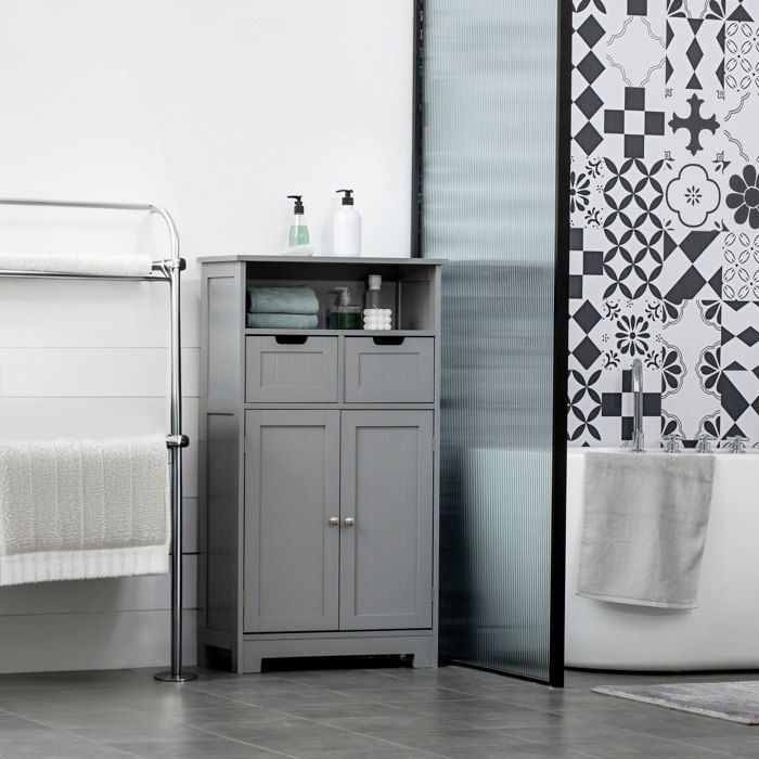 Meuble de salle de bain - kleankin - 2 tiroirs, niche, placard avec porte, étagère réglable - 60 x 30 x 109 cm - gris