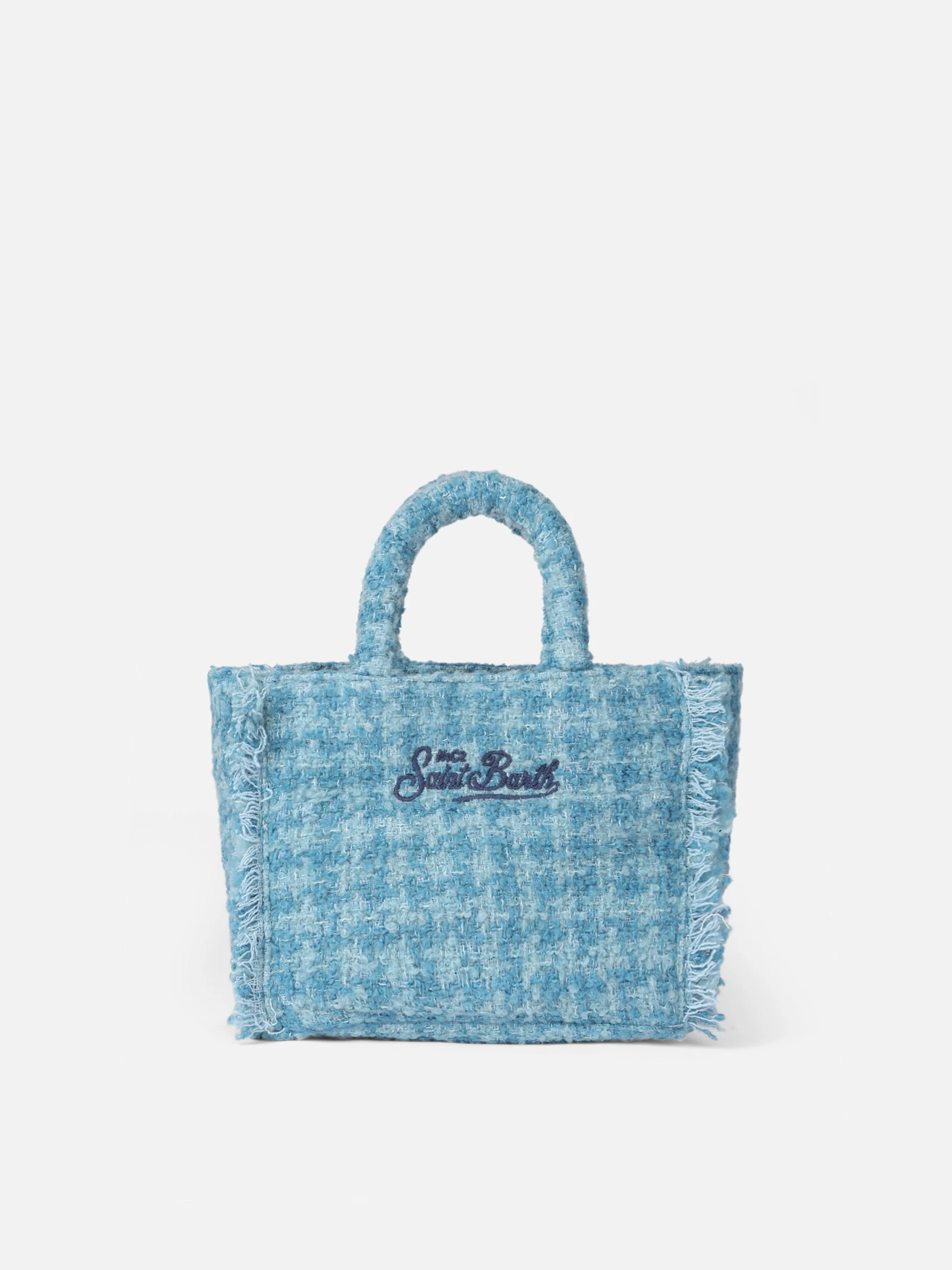 Bolso Mini Vanity de lana con estampado de tweed azul claro.