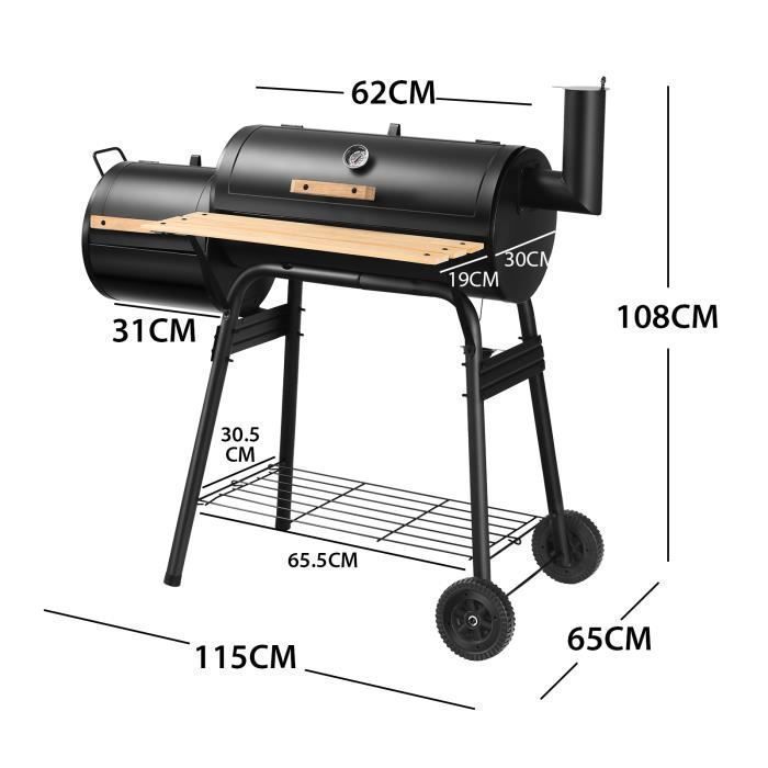 COSTWAY Houtskoolbarbecue - Offset smoker, deksel - 2 wielen - vuurhaard - bijzettafel - thermometer, grillrooster, 115x65x108cm