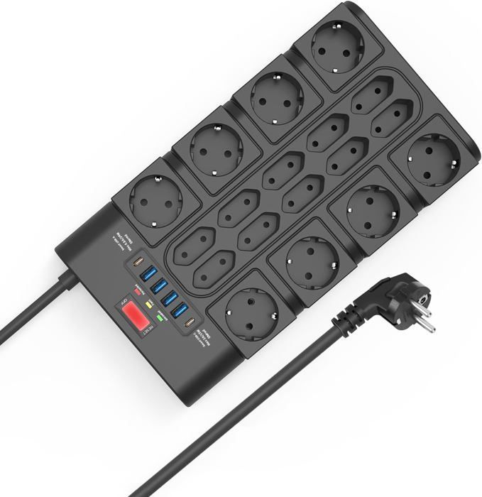 Überspannungsschutz-Steckdosenleiste mit 18 Steckdosen (10+8) und 6 USB-Anschlüssen (2 Typ-C) mit Schalter, Schutz vor Überspannungsschäden