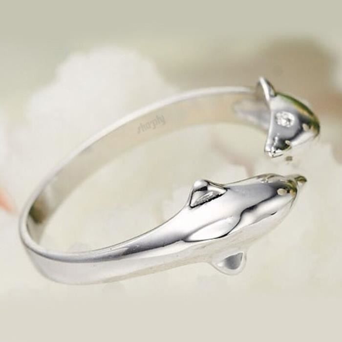 Anello da donna SHARPHY® in argento sterling 925 con due delfini innamorati, regolabile.