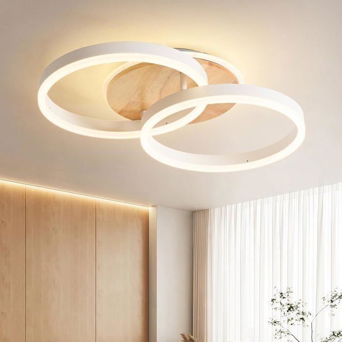AMDELNE Modern 36W Dimmable Ceiling Light with Remote Control/Metal+Acrylic/Round Design/for Living Room/Dining Room – White+Wood