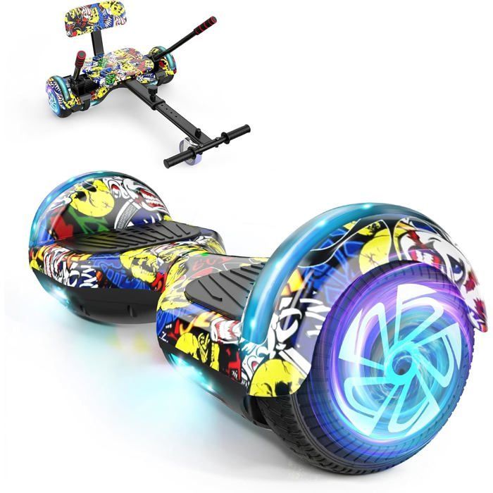 Hoverboard with integrated seat, 6.5 inches with Bluetooth speaker and LED lights for children (including pedal kart), Yellow