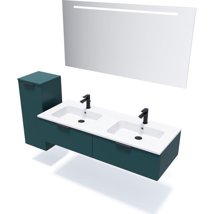 Conjunto de baño con doble lavabo de 140 cm con 2 cajones, azul + espejo + columna izquierda - Soho
