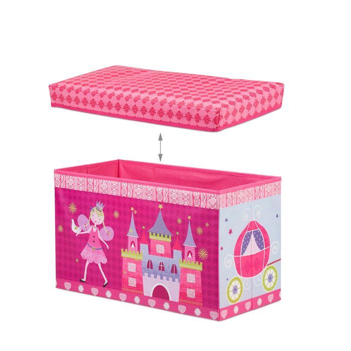 Relaxdays Tabouret Coffre à jouets boîte à jouets couvercle pouf enfant pliable princesse rangement fille 50L, rose