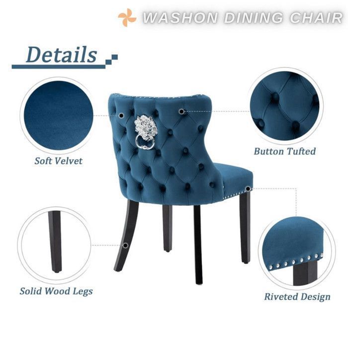 Wahson Eetkamerstoelenset van 4, Keukenstoelen met houten poten voor restaurants, Fluweel, Blauw