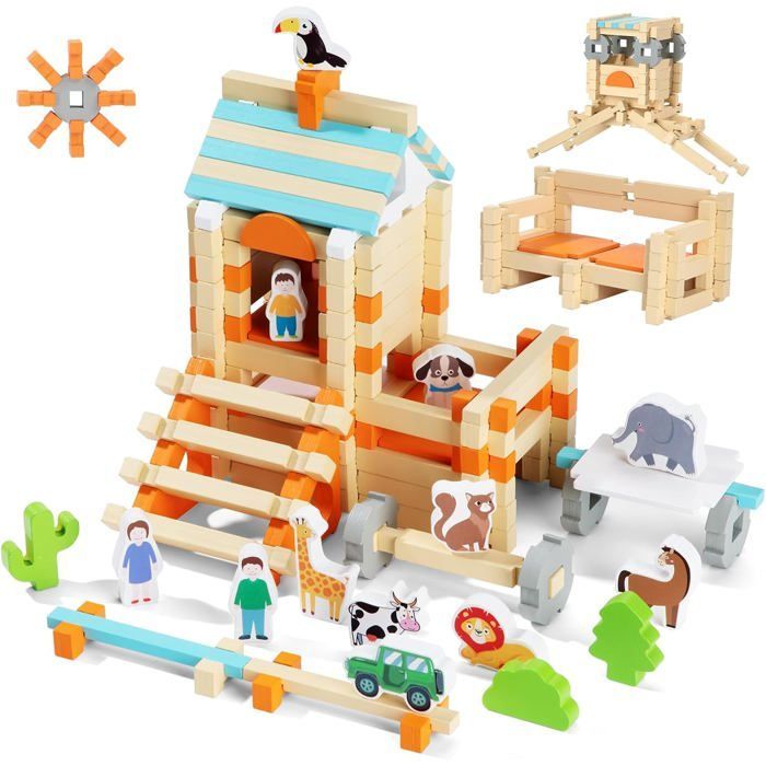 Montessori wooden building set for children, 122 pieces, educational toys for children aged 3 and up