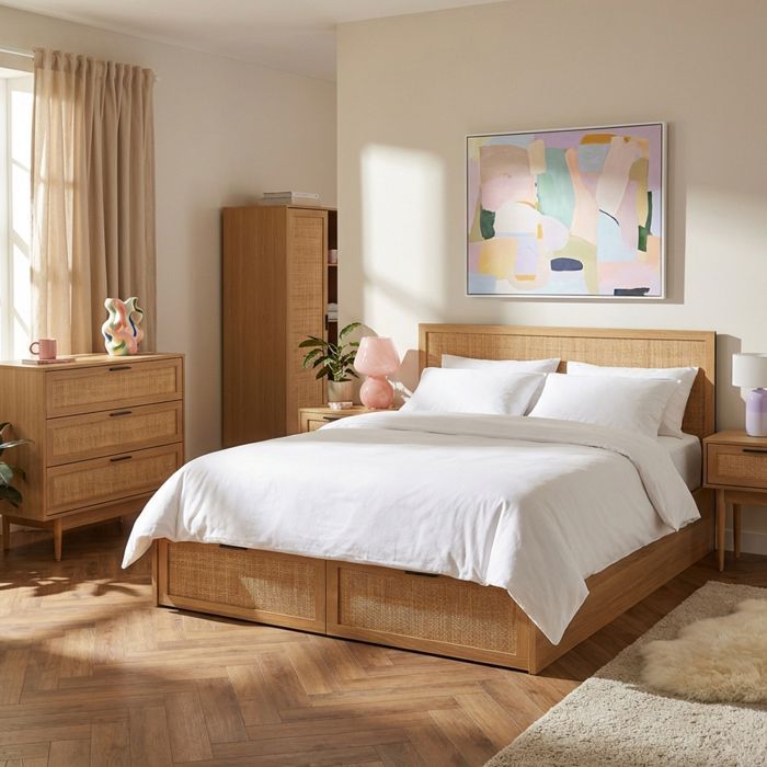 Cómoda AMANA con efecto roble y ratán, 3 cajones, 80 cm - Madera