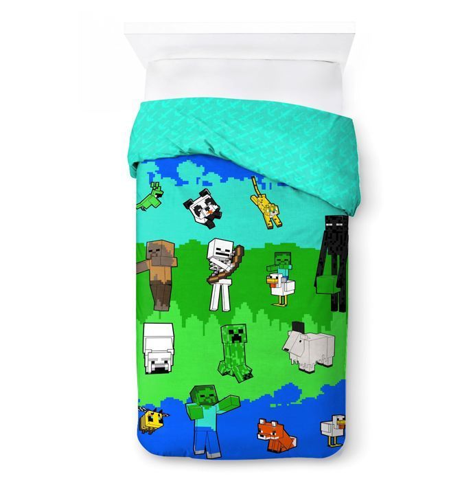 Minecraft Mode Créatif, Parure de lit enfant 140x200 cm, 100% Coton, lit 1 personne