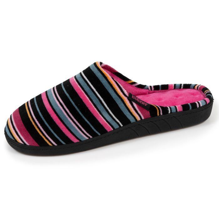 Pantuflas ergonómicas Isotoner para mujer con suela cómoda y diseño de terciopelo a rayas.