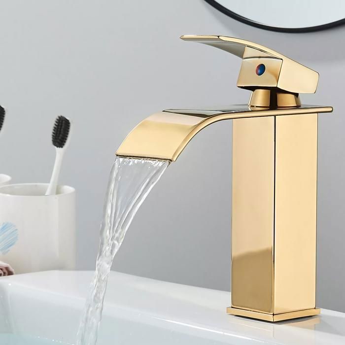 Rubinetto miscelatore per lavabo a cascata in ottone spazzolato color oro - Acqua calda e fredda disponibili