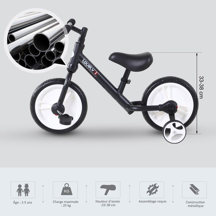 2-in-1 balance bike for children - HOMCOM - removable training wheels and pedals - adjustable seat height - for children 2-5 years old - black steel