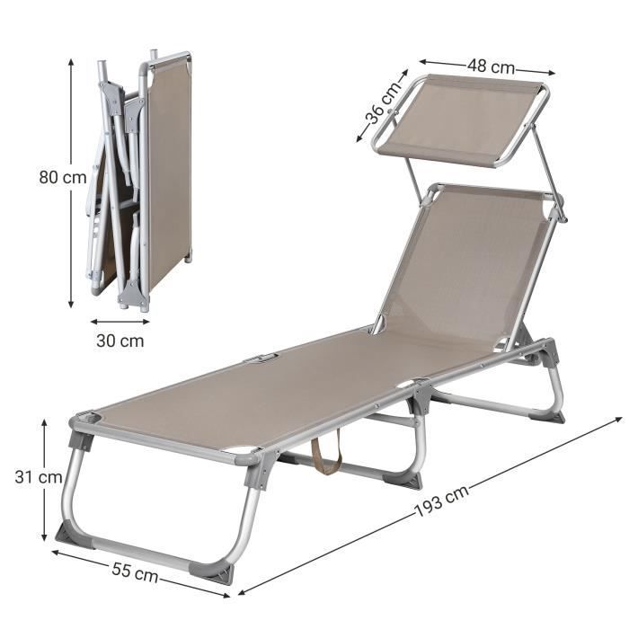 Bain de soleil inclinable - SONGMICS - avec dossier et parasol - pliable - charge 150 kg - Taupe