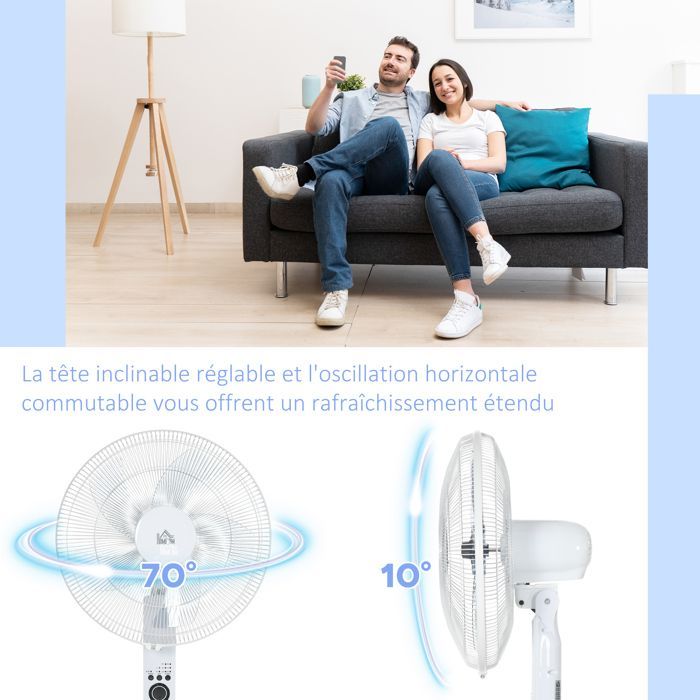 Ventilador de pedestal potente - HOMCOM - 45 W - altura regulable de 110 a 124 cm - mando a distancia - 3 velocidades, oscilación y temporizador