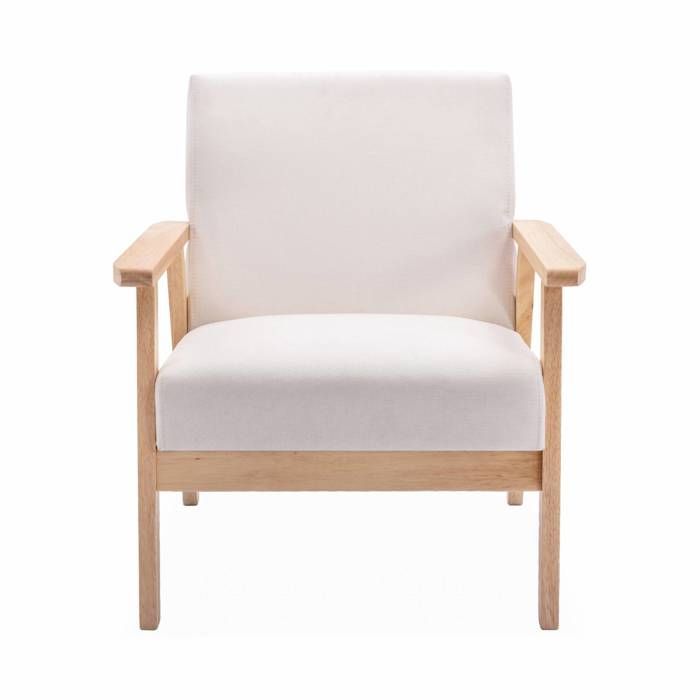 Scandinavische fauteuil van hout met crèmekleurige stof. Isak. Afmetingen: B 64 x D 69,5 x H 73 cm