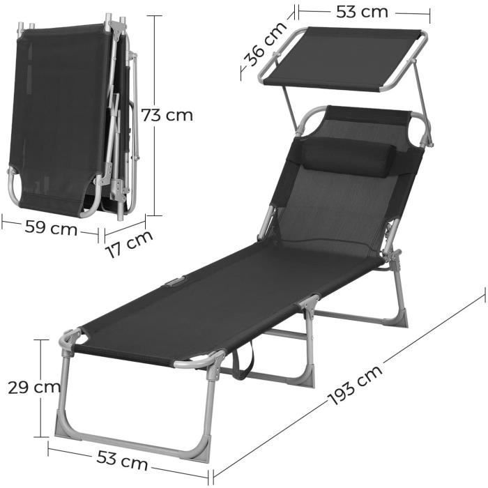 SONGMICS Chaise Longue - Lettino prendisole - Sedia relax - Nero - Pieghevole - 53 x 193 x 29,5 cm