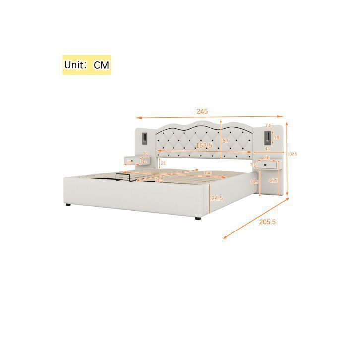 Letto contenitore 180x200 cm, beige - Meccanismo di sollevamento idraulico - Porta USB - 2 lampade da comodino
