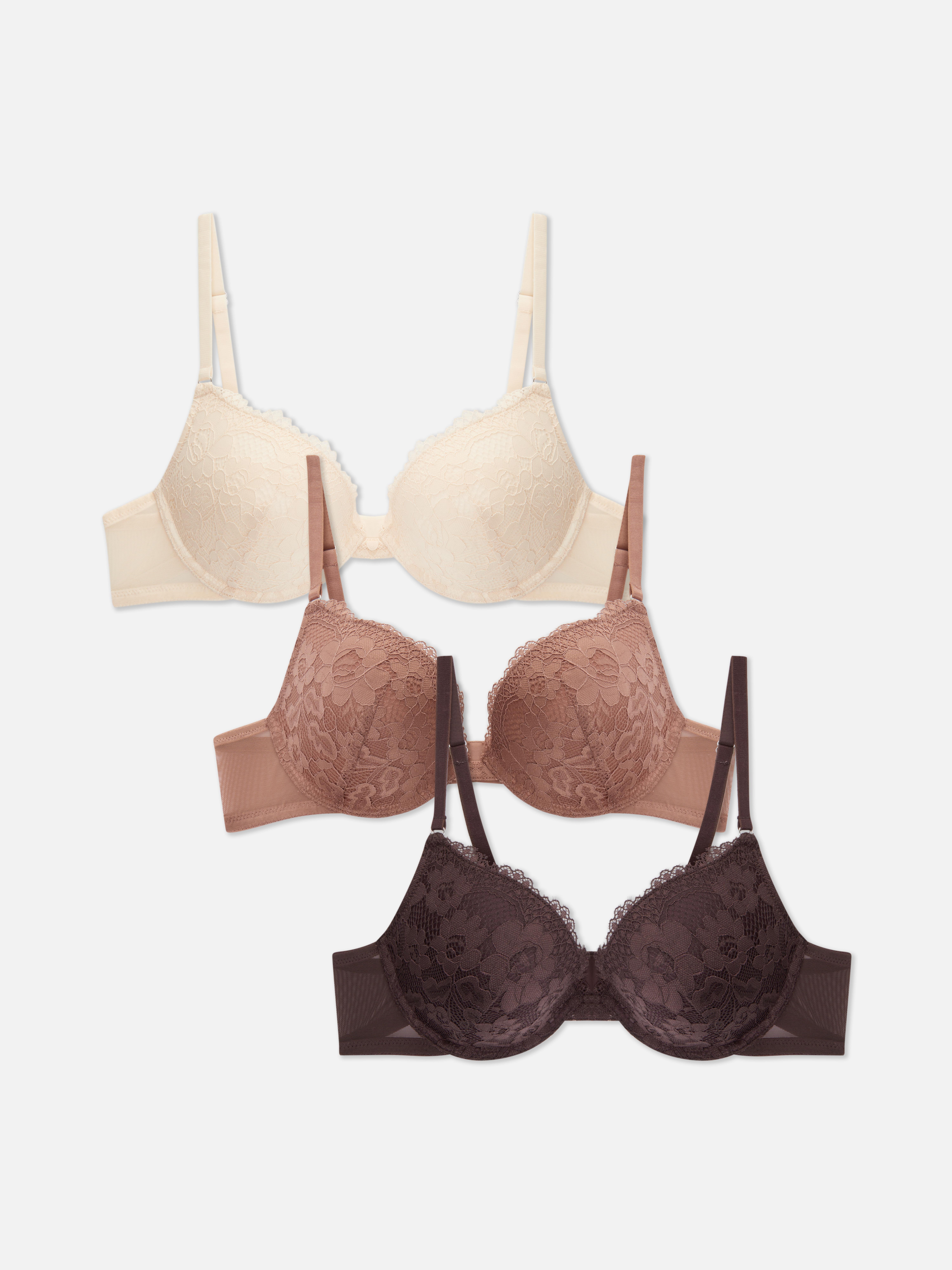 Sutiene push-up cu dantelă florală, set de 3 Un set de trei sutiene push-up cu cupe din dantelă florală și bretele reglabile