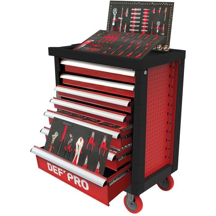 Servante d’atelier 7 tiroirs + 283 outils - Defpro - Noir/rouge - Charge 300 kg - Roues freinées