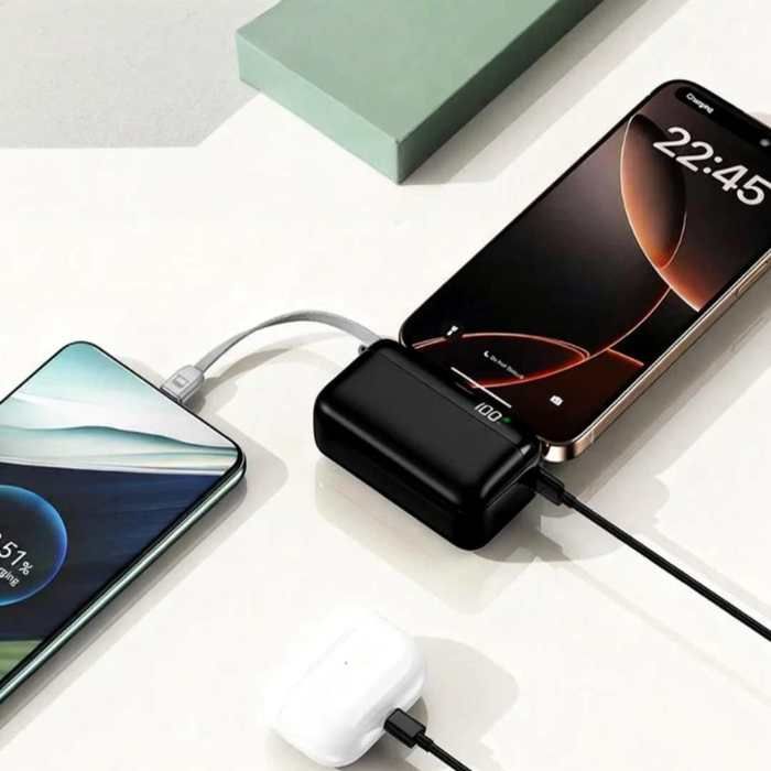 Compacte powerbank van 20000 mAh met geïntegreerde USB-C-aansluiting, 22,5 W snelladen, LED-display, 3 uitgangen, zwart