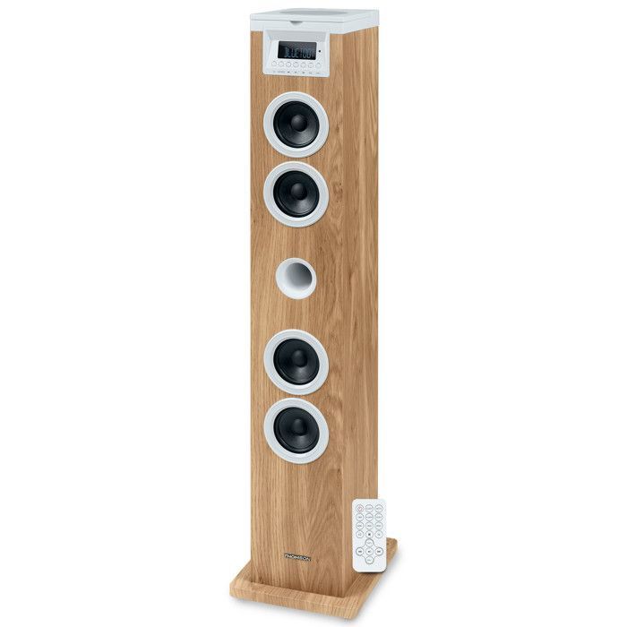 Sistema audio a torre Thomson DS121CD - 60W - Multimedia Bluetooth, lettore CD, telecomando, ingresso AUX, radio FM - Legno/Bianco