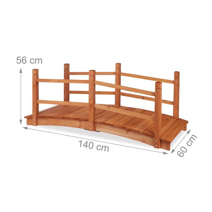 Puente para estanque Relaxdays con balaustrada, pasarela, decoración de jardín, madera, 56 x 140 x 60 cm, color naranja.