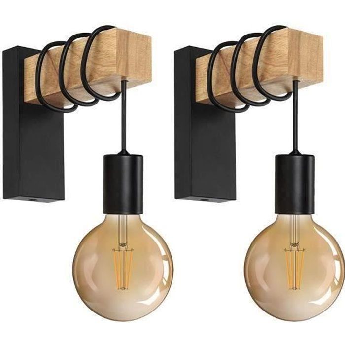 Vintage Industrial Wall Sconce in Wood and Black Metal - Zaku - E27 - Retro and Nostalgic Style