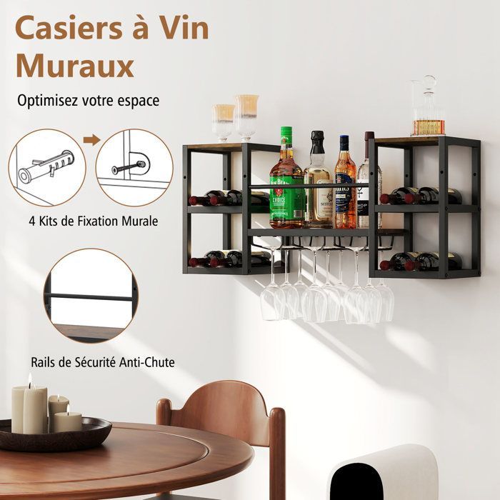 COSTWAY Wall-Mounted Wine Rack, Bottle Holder with 3-Tier Glass Rack, Open Shelves, Wall-Mounted Bottle Rack