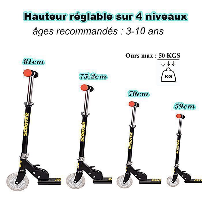 Trottinette Enfants/Garcon - Trottinette Enfant Pliable 2 Roues LED Clignotantes, Hauteur Réglable, 3-10Ans(Taille:80-135cm)-Noir