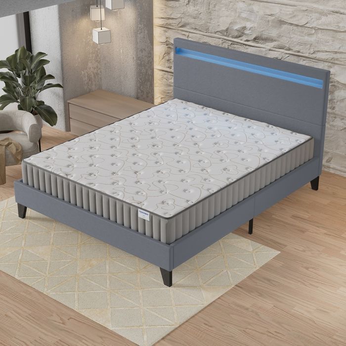 Colchón y cama Orionis (140 x 190 cm) 22 cm de espuma viscoelástica y espuma de alta densidad + base de láminas estable y cabecero LED gris
