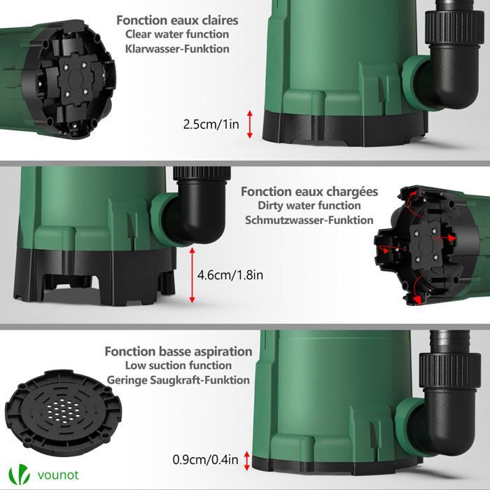 Bomba sumergible VOUNOT® 3 en 1: agua limpia, agua sucia y desagüe inferior - 13.500 l/h - Profundidad de 7 m - Aspiración inferior
