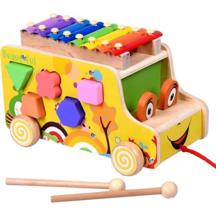 Baby/Toddler Wooden Bus Toy, Children's Building Set, Wooden Xylophone for Babies 18 Months and Up, Geometric Shapes, 8 Tones, and Wooden Hammer