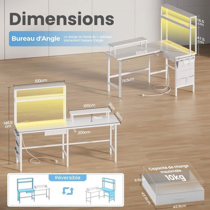HLONONE, L-vormig hoekbureau van 150 x 100 cm met ledverlichting, geïntegreerd stopcontact en USB-poort, lade en opbergtas, wit