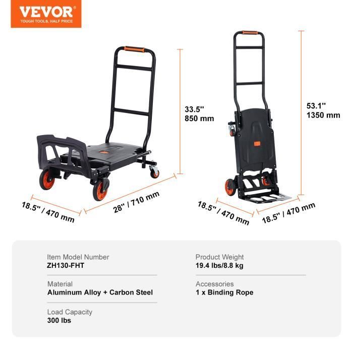 Carretilla de mano - VEVOR - Carretilla/plataforma plegable de aluminio 2 en 1, capacidad de 136 kg, robusta