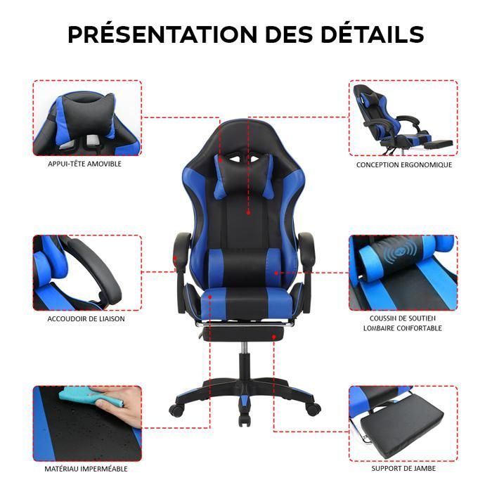 Sedia da gaming - Poggiapiedi telescopico - Poggiatesta - Supporto lombare - Portata massima 150 kg - Blu
