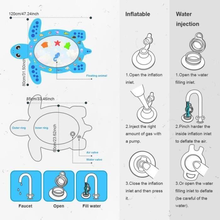TAPPETO DA GIOCO - AREA GIOCHI 102*82CM Tappetino gonfiabile ad acqua, materasso da pavimento educativo per bambini a forma di tartaruga, BLU