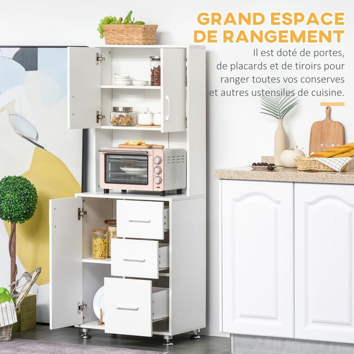 Aparador alto de cocina - HOMCOM - 3 puertas, 3 cajones y encimera - aglomerado - 60 x 40 x 160 cm - blanco