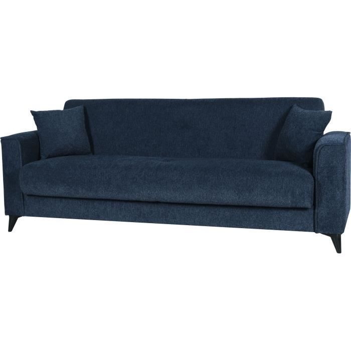 Canapé convertible 3 places - BERGAMO - Tissu bleu foncé - 2 coussins - coffre de rangement -  230 x 85 x 89 cm