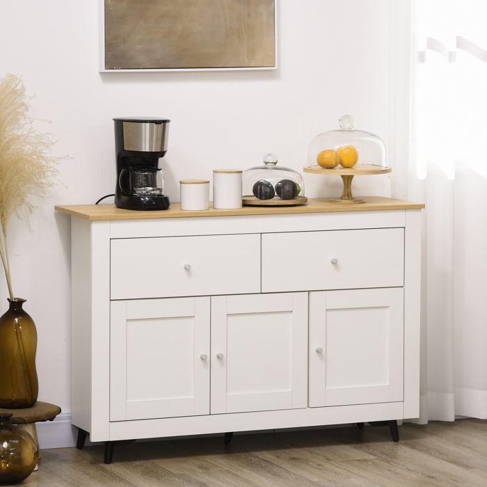 Keukendressoir - HOMCOM - 2 lades, 3 deuren en verstelbare plank - voor keuken, eetkamer, woonkamer - 117 x 35 x 80 cm - wit