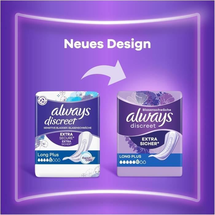Serviettes d'incontinence - ALWAYS DISCREET - Long Plus - Lot de 20 - Protection anti-fuites - Confort optimal
